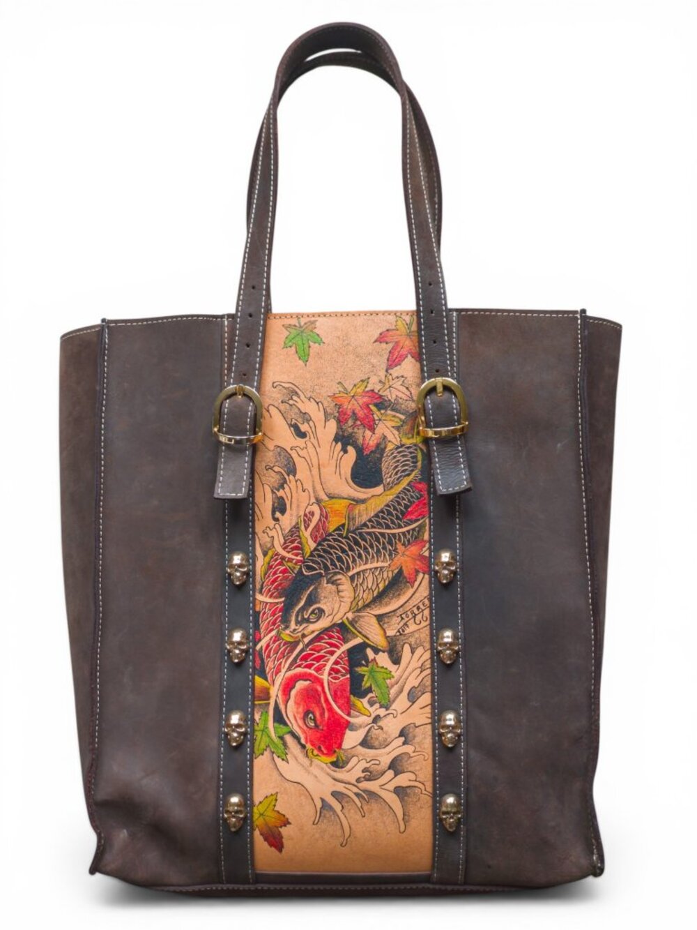 Prison Art Hand-Tattooed Leather Tote, Koi & Maple Leaves by Torrez 2017